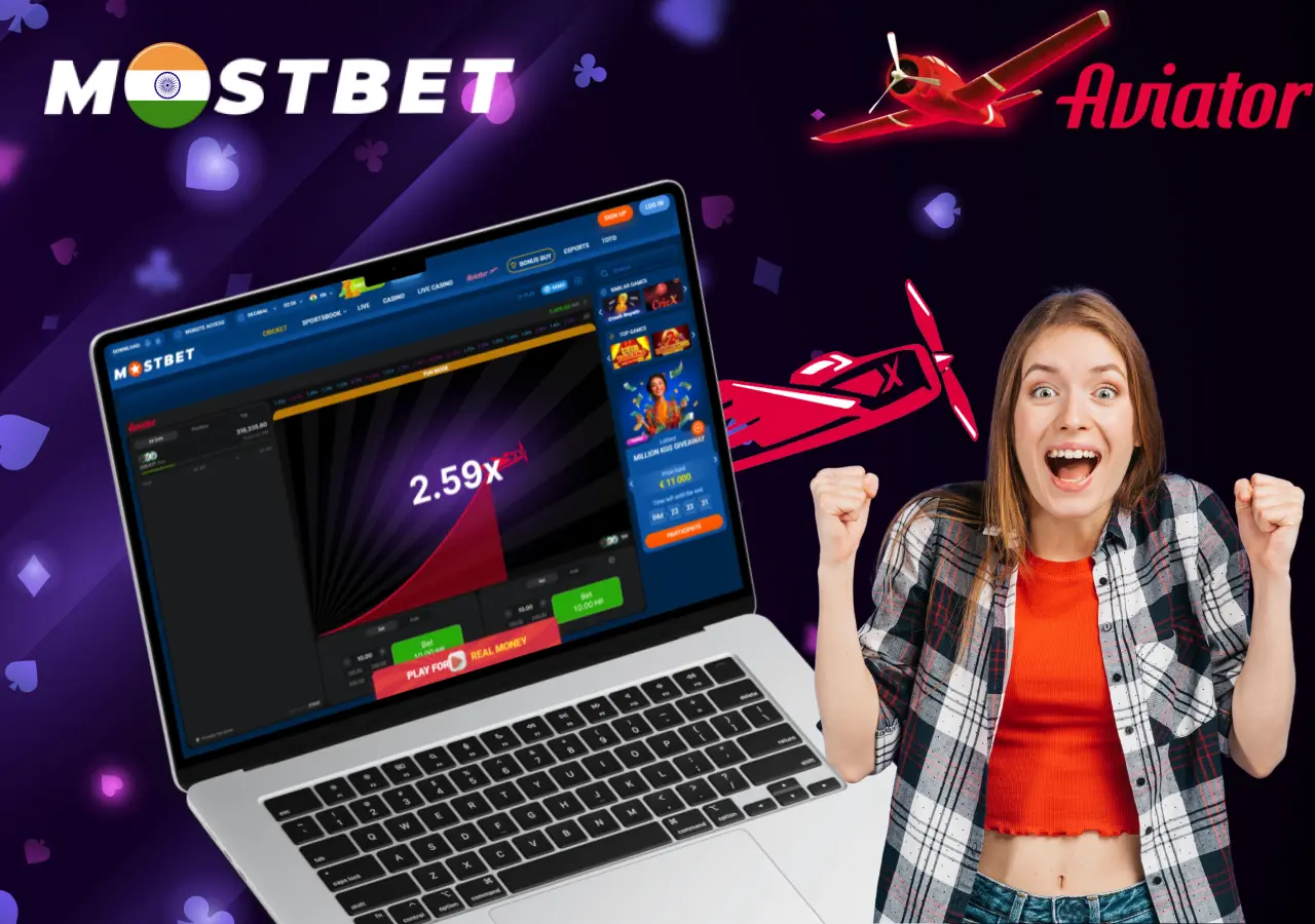 Excited female user celebrating after a win in the Mostbet Aviator crash game on a laptop